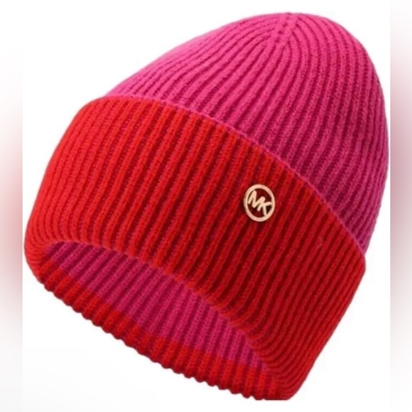 NWT Michael Kors Women'sRib Cuffed Hat Beanie RED/ Magenta